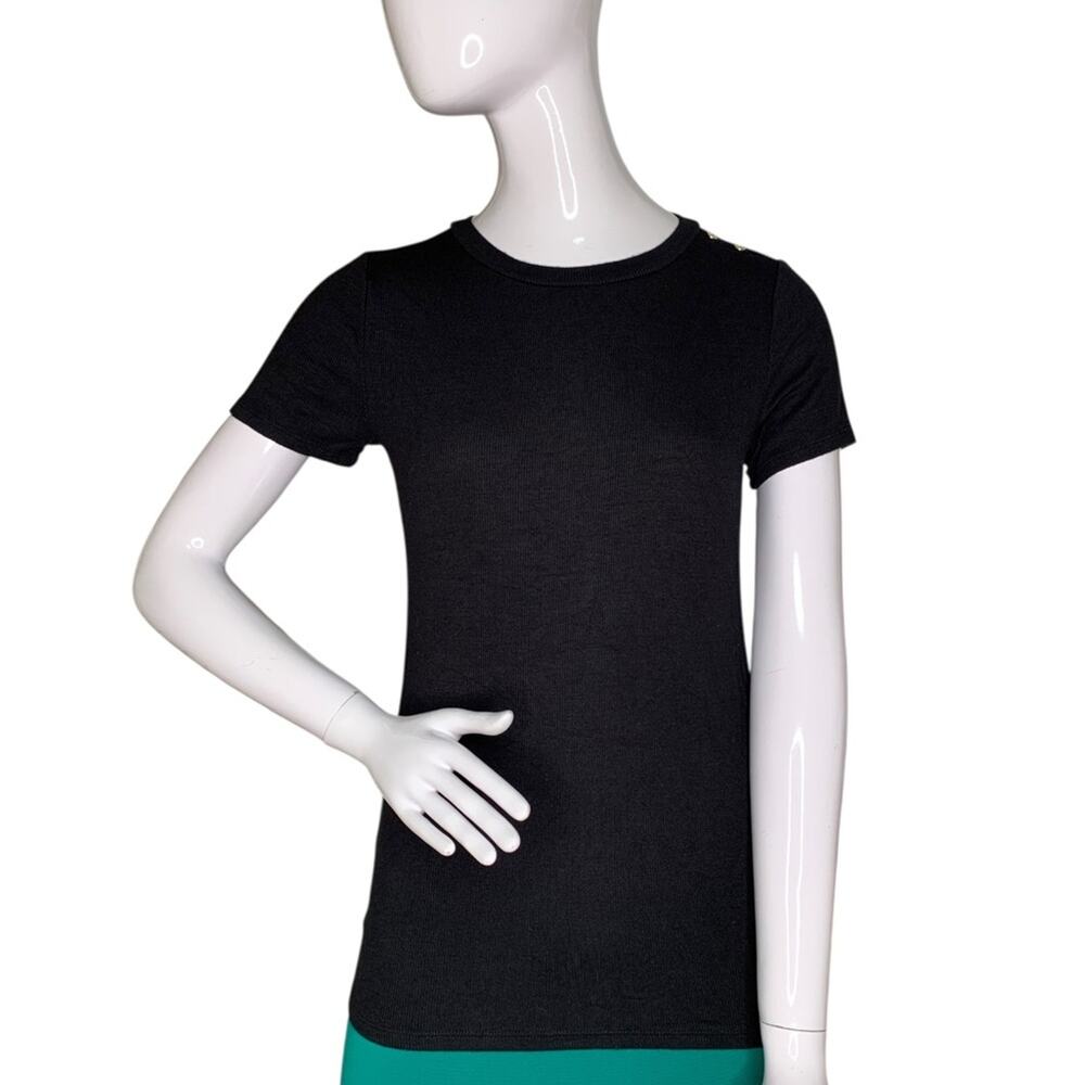 LOFT Fine Knit Ribbed Top Short Sleeves Crewneck Black Golden Button Size XS